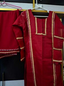 Red Kurta Set with Gold Trim