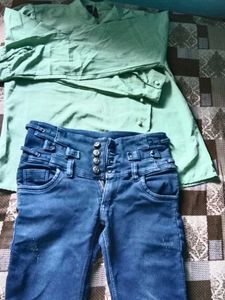 Mint Green Collared Button-Up top with jeans