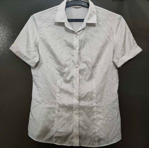 women's pinstriped short-sleeve button-up shirt