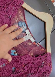 Purple Floral Print Lace Neck Top 32 Bust