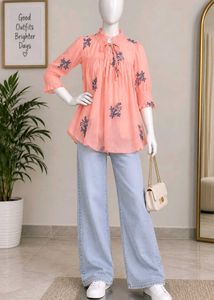 Peach Embroidered balloon Tunic Top