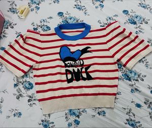 Donald Duck Striped Crop Top With puffed sleeve