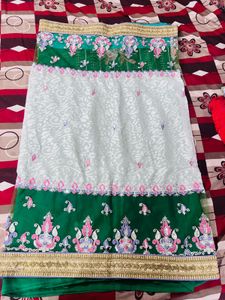 Elegant Green and White Saree