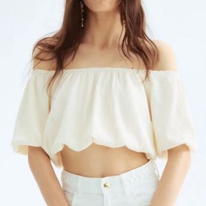 Cream Off-Shoulder Textured Crop Top