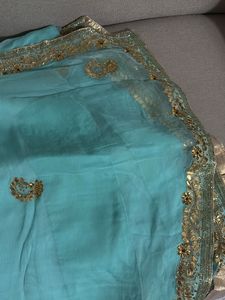Elegant Teal Saree with Golden handwork  Border