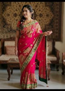 Elegant Red & Green Embroidered Saree with bilauj