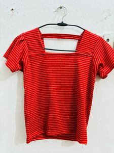 Red Striped Square Neck Top