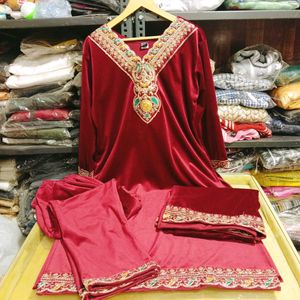 Heavy Embroidery Work Velvet Kurti Set