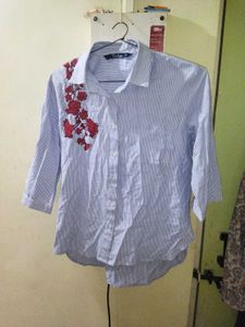 Embroidered Striped Button-Up Shirt