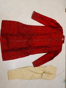 Men's Red Embroidered Kurta Set