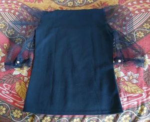 Navy Blue Mesh Sleeve Top
