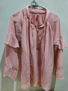 Chic Pink Ruffle Sleeve Tie-Neck Top