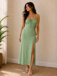 Sage Green Floral Slit Dress+ Earrings free