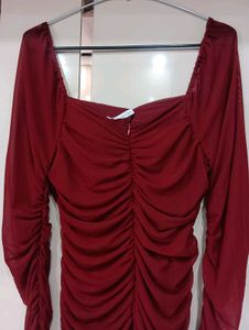 Burgundy Mesh Long Sleeve Dress
