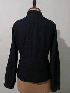 Vintage Chic Black Long Sleeve Ruffled Blouse