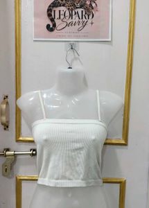 Ribbed White Spaghetti Strap Crop Top