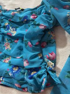 Blue Floral Print Ruffle Top