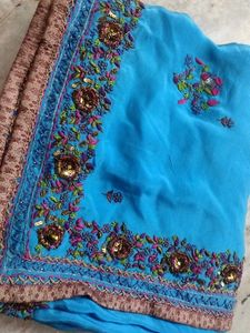 Designer Blue Embroidered crepe Saree