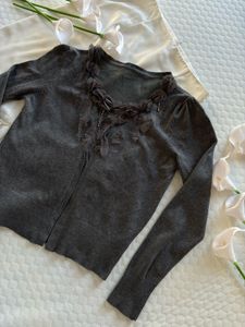 Elegant Grey Cardigan with Embellished Neckline