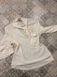 Elegant White Polka Dot Tie Neck Blouse
