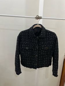 THREAD BOUCLE BLACK &amp; WHITE CROP JACKET BLAZER