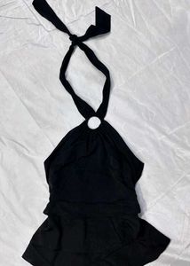 Y2k Vintage 2000s Black Ruffled Halter Neck Top