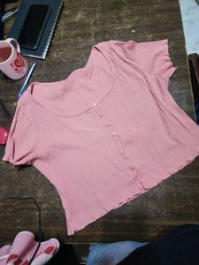 Sale!! Women's Pink Ribbed Button-Up Crop Top