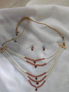 Elegant Red &amp; White Beaded Necklace Set