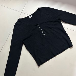 Black Ribbed Henley Long Sleeve Top