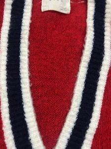 Red Cardigan with Navy Trim
