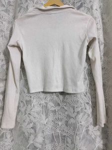White Collared Cropped Long Sleeve Top