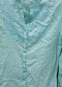 Light Blue Sequin Yoke Button-Up Shirt