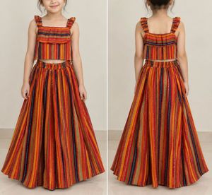 Girls Striped Crop Top & Skirt Set