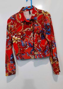 Stylish Red Baroque Print Cropped Jacket