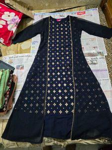 Elegant Navy Blue Kurta Set with Golden Print