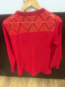 Red Lace Detail V-Neck Top