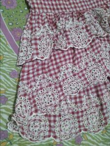 Red Gingham Tiered Lace Skirt