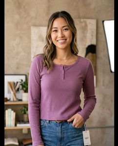 Purple Ribbed Henley Long Sleeve Top