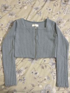 Blue Ribbed Zip-Up Cropped Top