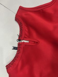 Elegant Red Dress with Embellished Neckline