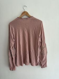 Pink Long Sleeve Tie Neck Top with lace