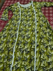 Green Floral Print Kurti set with Lace Trim