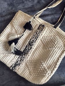 Boho Textured Tote Bag with Tassels