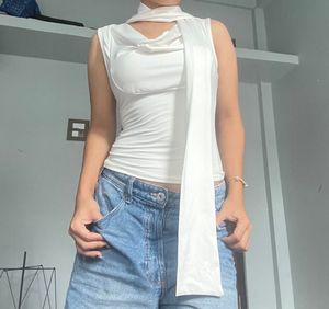 Sleek White Halter Neck Top with Scarf Detail