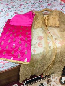 Golden blouse pink lahnga with shrug