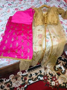 Golden blouse pink lahnga with shrug