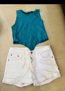 Teal Crop Top &amp; White Denim Shorts Set