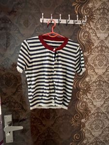 Striped Button-Up Cropped Cardigan