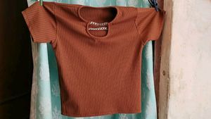 Ribbed Brown Crop Top with Chain Detail