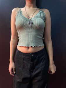 Ribbed Camisole Top with Lace Trim